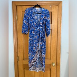 Zara Blue Floral Midi Wrap Dress XS V-Neck Tie‎ Waist Slit Boho Summer